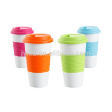140Z ceramic promotional mug with spill-proof silicone lid band